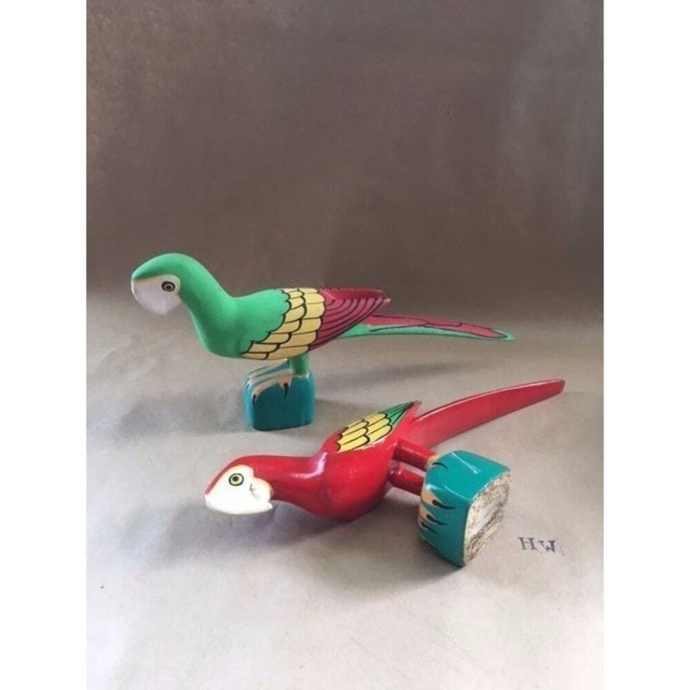 Parrots Pair Wooden FOLK ART Carved Marked JUAN PUELLO R.D. Set Of 2 - Picture 2 of 12